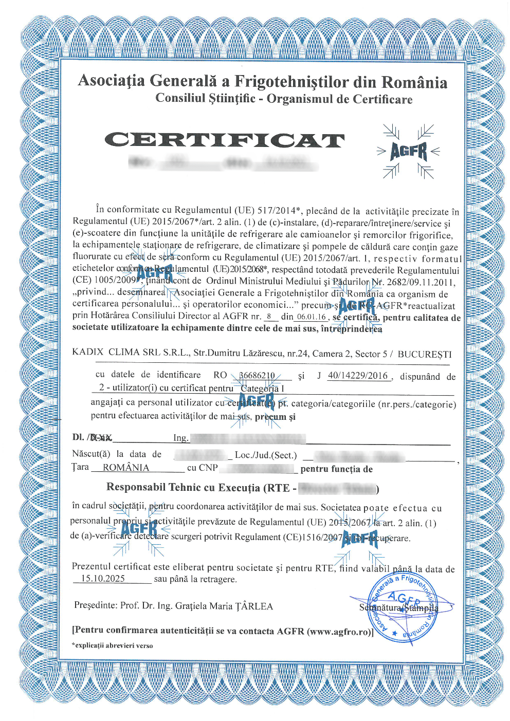 Autorizatie AGFR, firma instalatii certificata AGFR